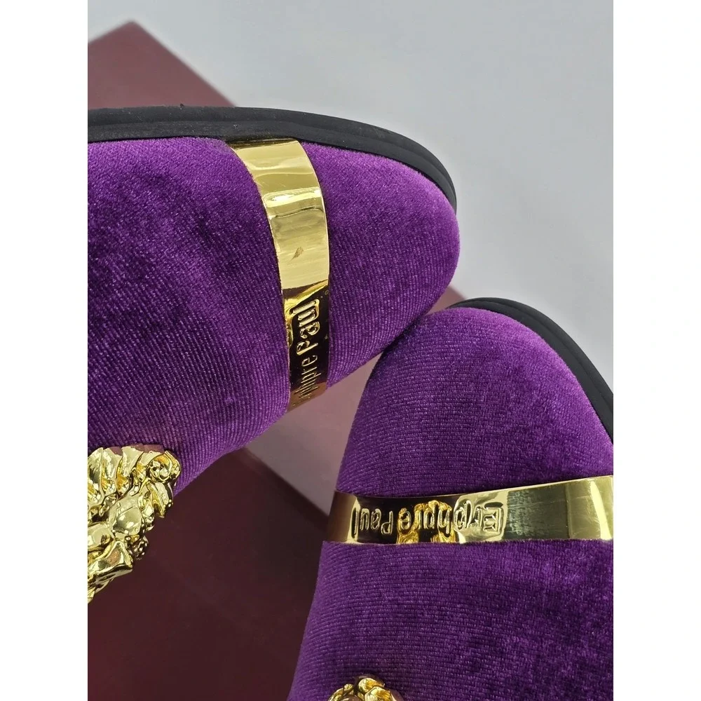Erphpre Paul Shoes Men's Sz 8 - Purple Velvet - Comfy‎ - Metal Lion Head gold